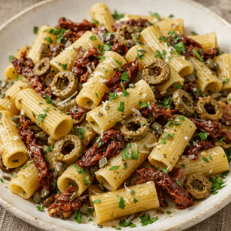 Skiver af dehydreret grøn oliven - 100 gram 3 pasta med soltørrede tomater og grønne oliven